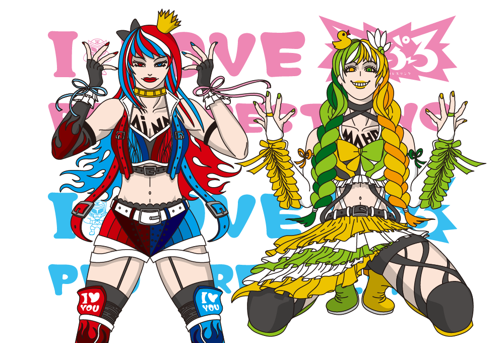 作成したイラストの一例。女子プロレスをモチーフにした2体のキャラクター